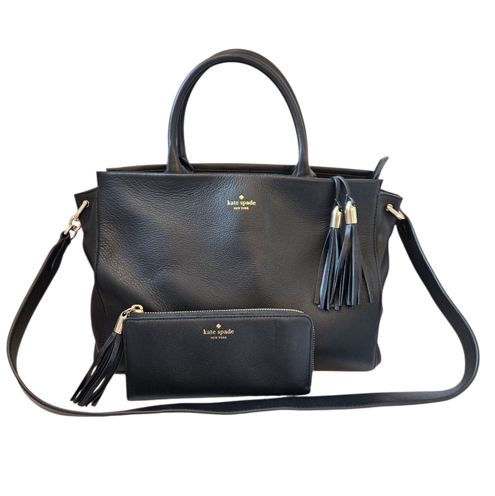 kate spade Black Leather Atwood Larson Satchel w Wallet & Tassels (2 pieces)